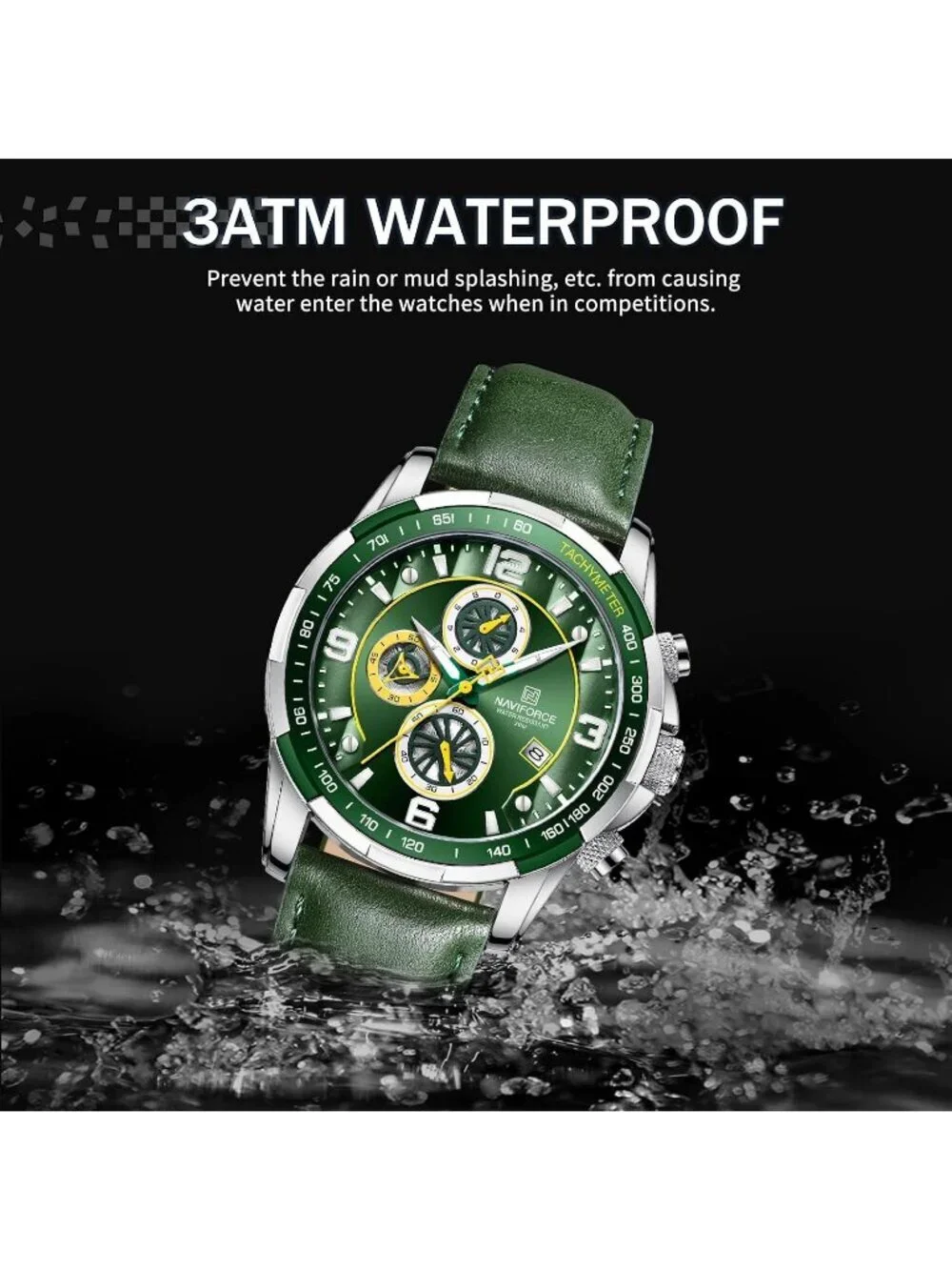 Men's Green Analog Quartz Chronograph Leather Strap Sport Fashion Wrist Watch